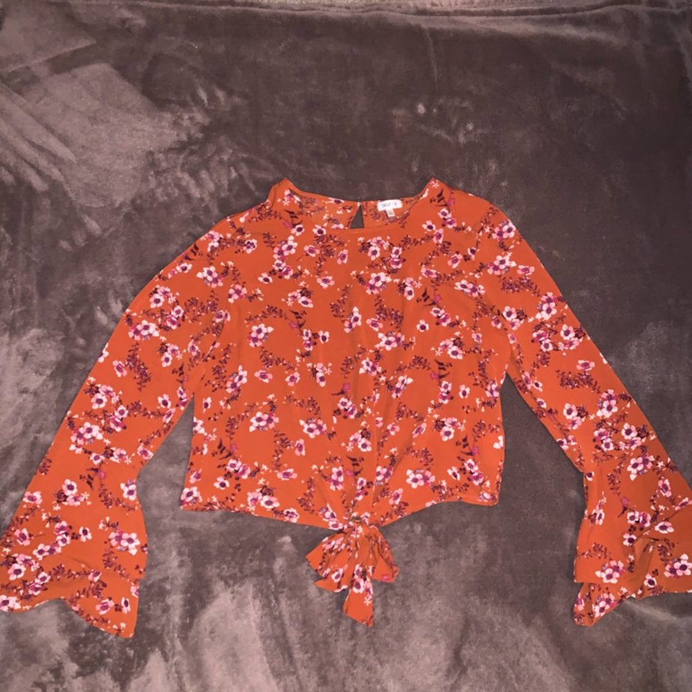 Self Esteem Floral Blouse w/ Bell Sleves + Tie
